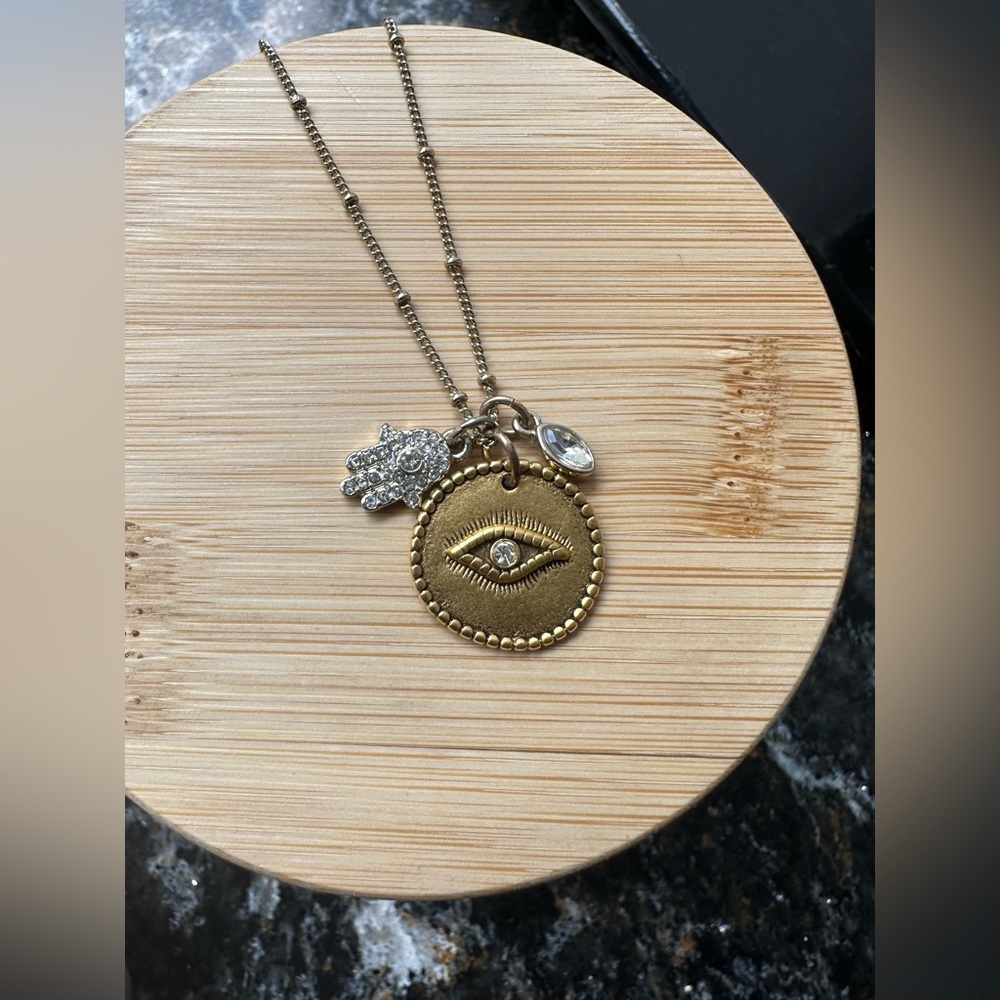 Gold tone evil eye 🧿 and hamsa🪬 adjustable long necklace with crystal